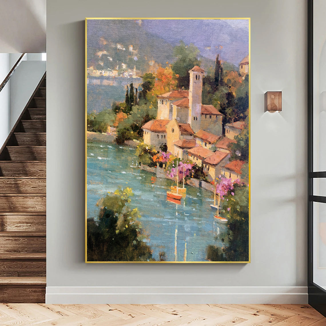 a painting hanging on the wall of a house