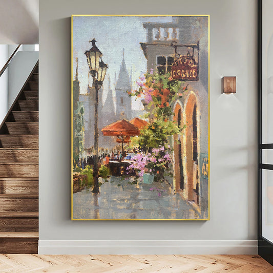 a painting of a city street with a lamp post