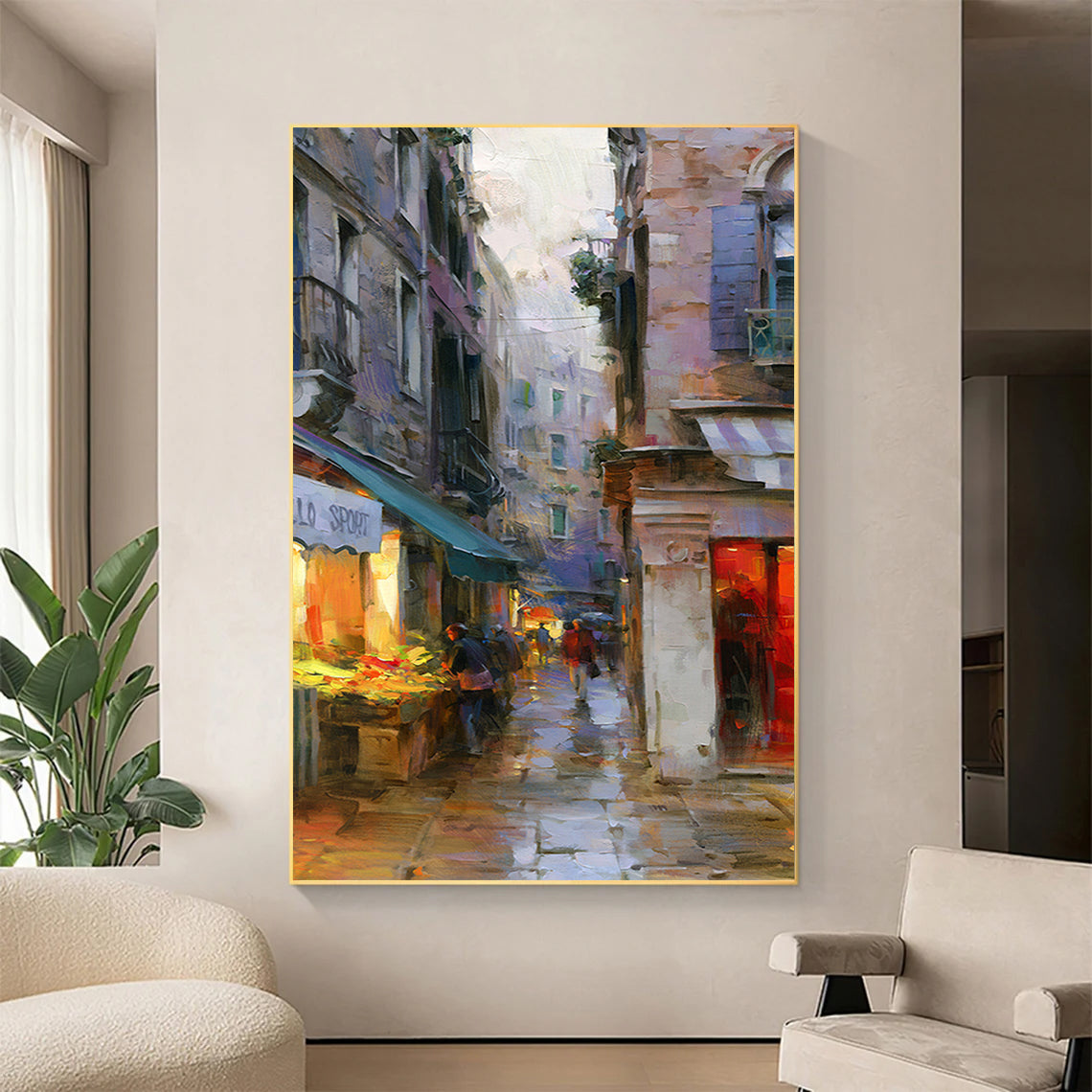 a painting of a city street in the rain