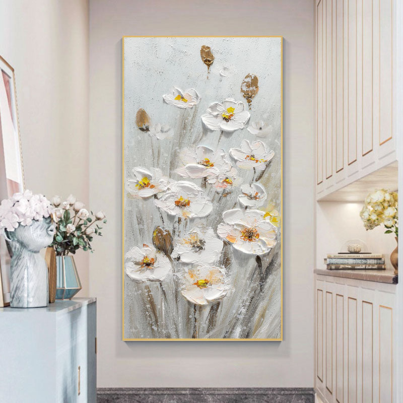 a painting of white flowers on a white wall