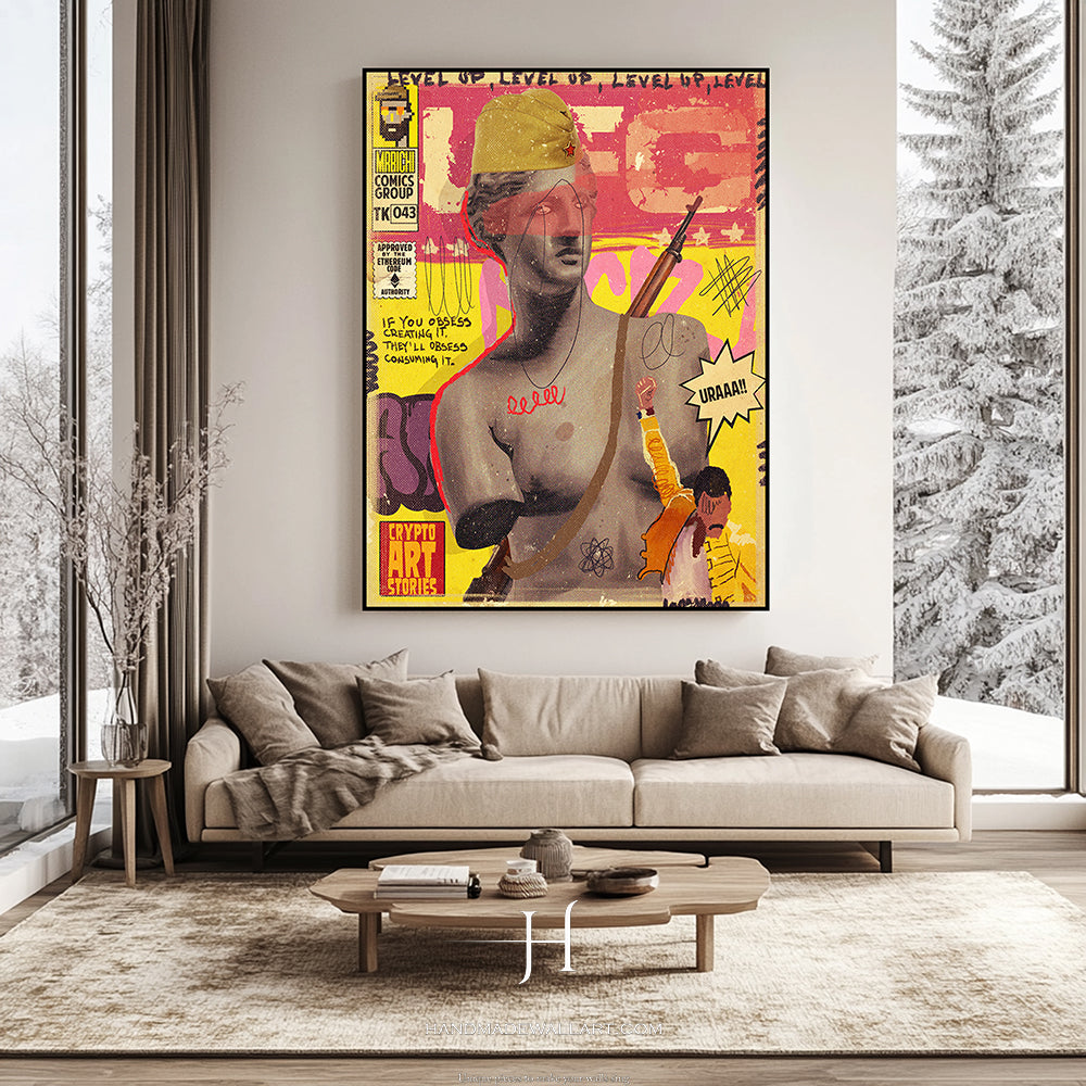 a living room with a couch and a painting on the wall