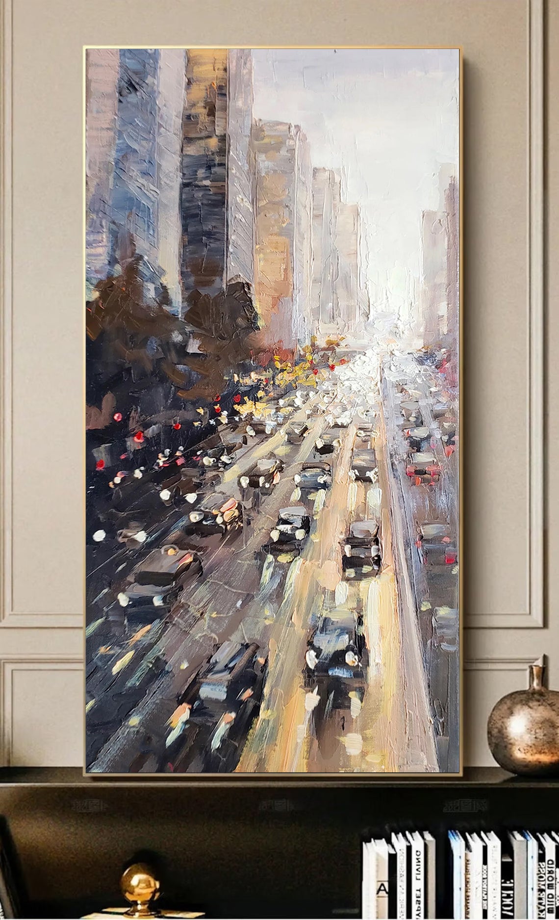 a painting of a city street filled with traffic