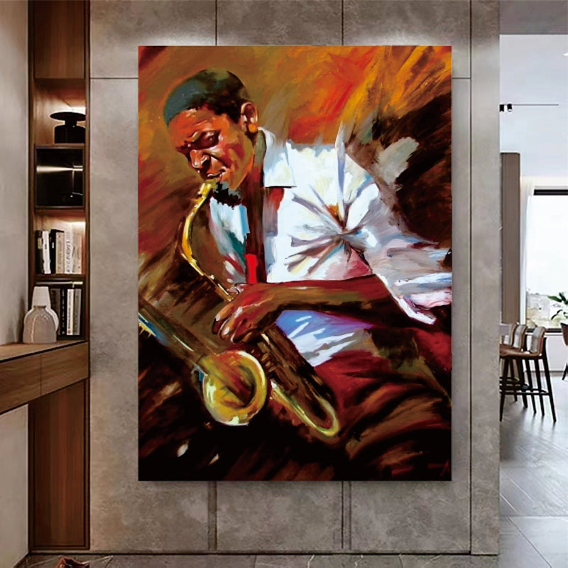 a painting of a man playing a saxophone