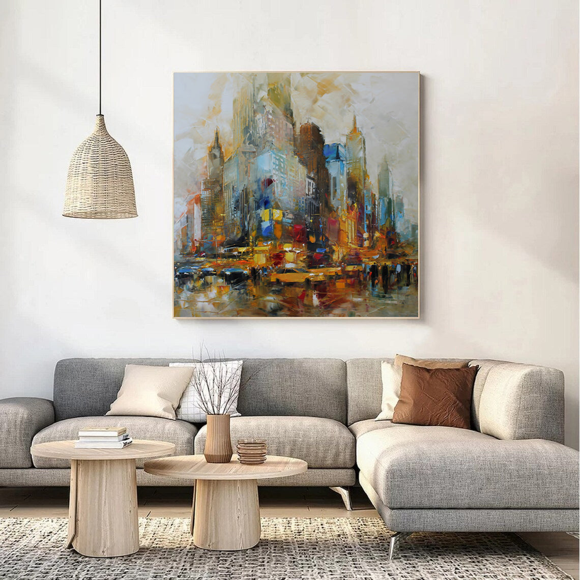 a living room with a large painting on the wall