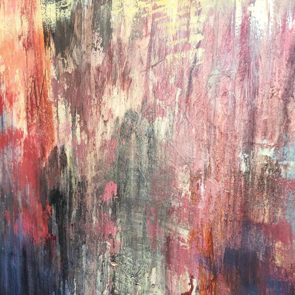 The image is an abstract painting with a vibrant mix of colors and brushstrokes, creating a dynamic and energetic visual experience.
