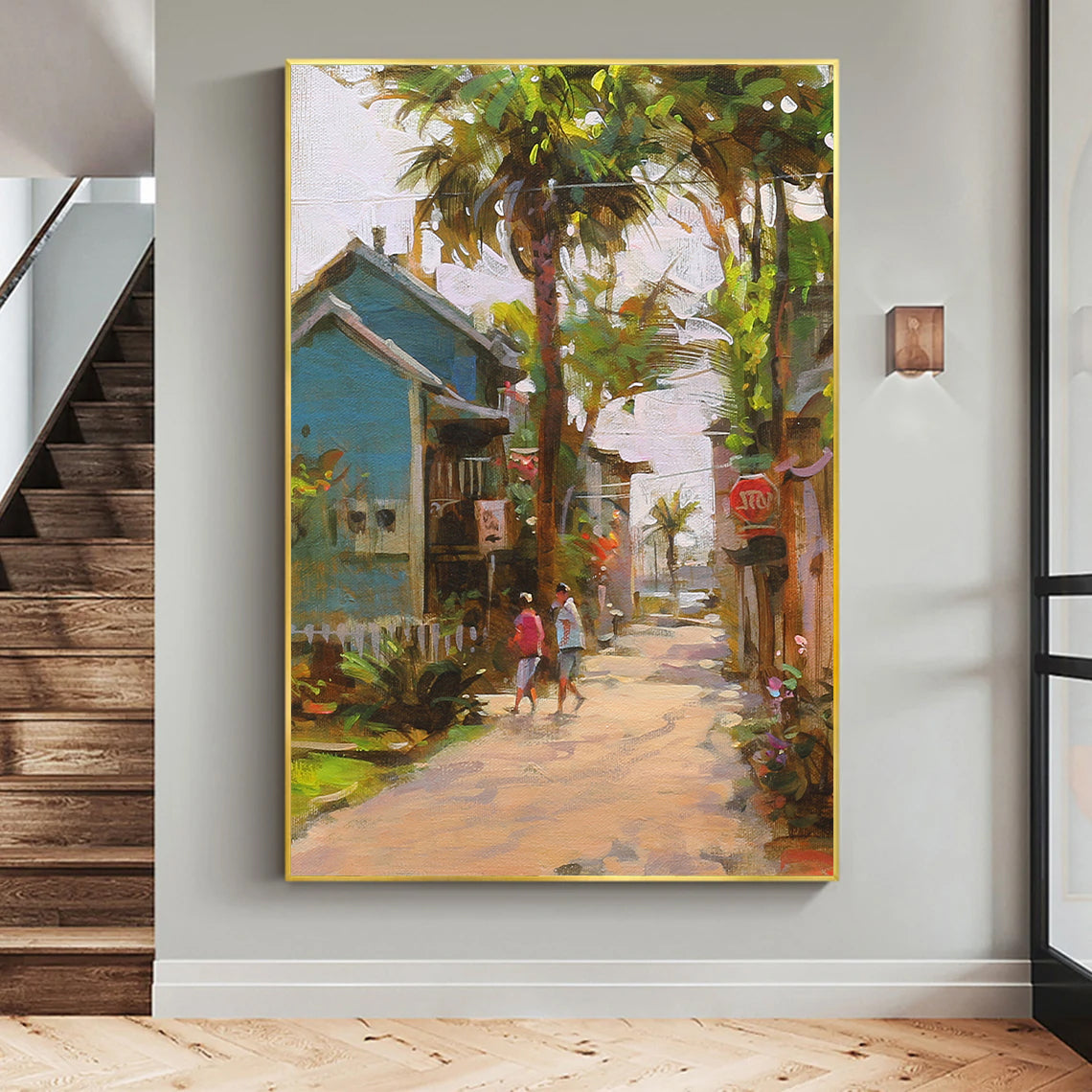 a painting of two people walking down a street