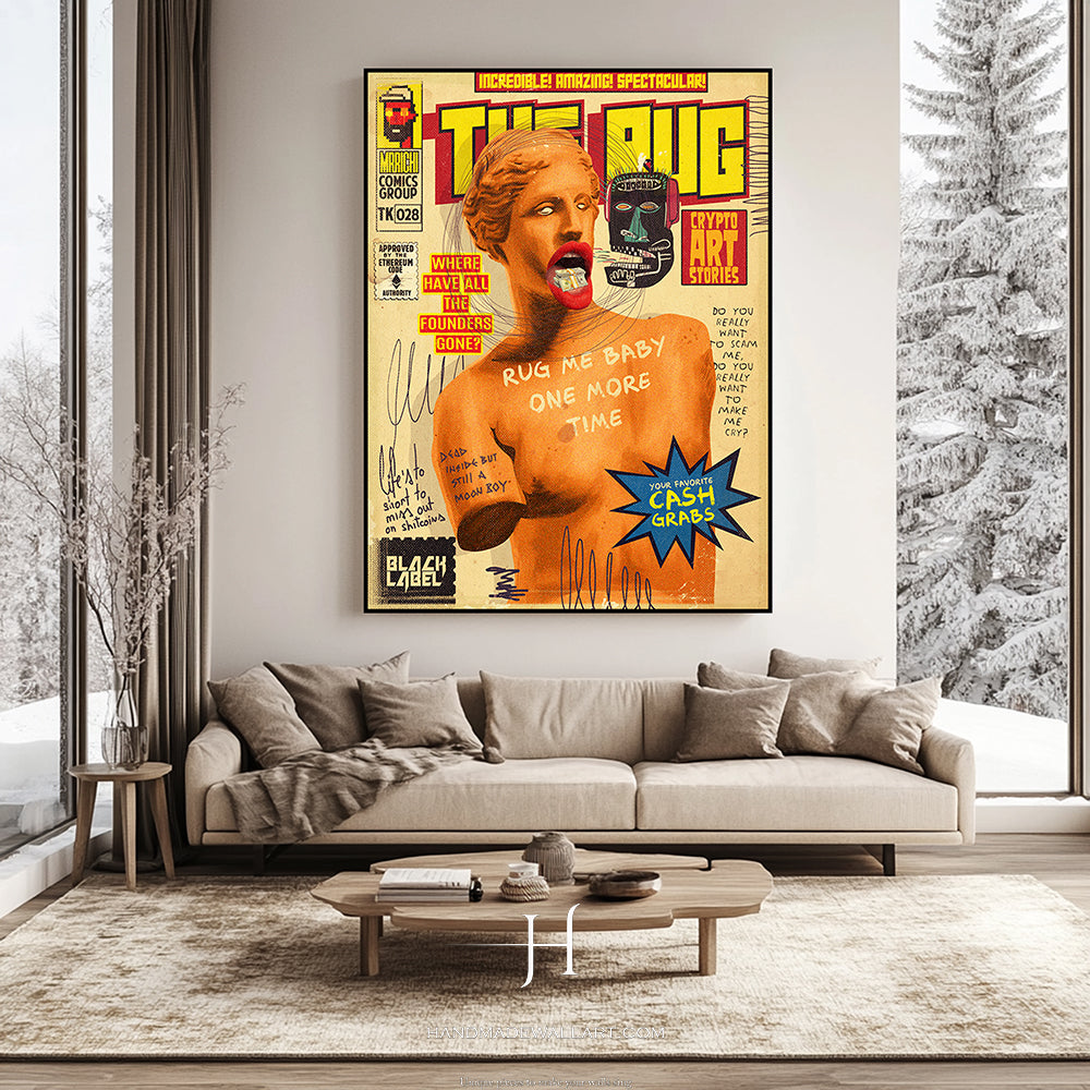 a living room with a couch and a poster on the wall
