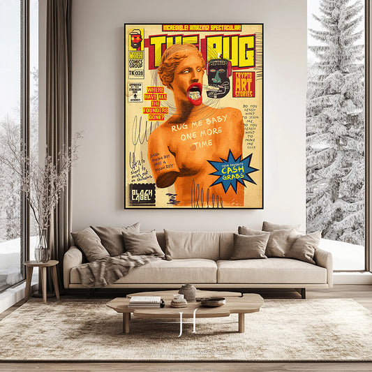 a living room with a couch and a poster on the wall