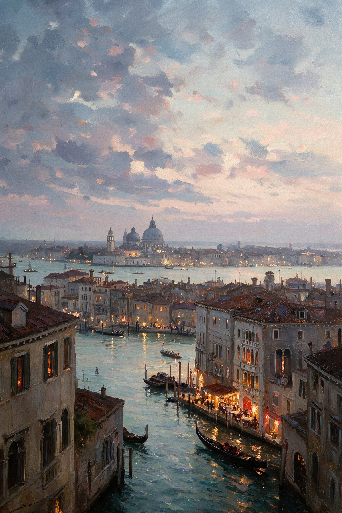 a picturesque view of the Grand Canal in Venice, Italy, with the city's iconic domes and buildings illuminated at night. The sky is filled with clouds, creating a dramatic backdrop for the scene. The calm waters of the canal reflect the lights from the surrounding structures, adding to the overall beauty of the scene.