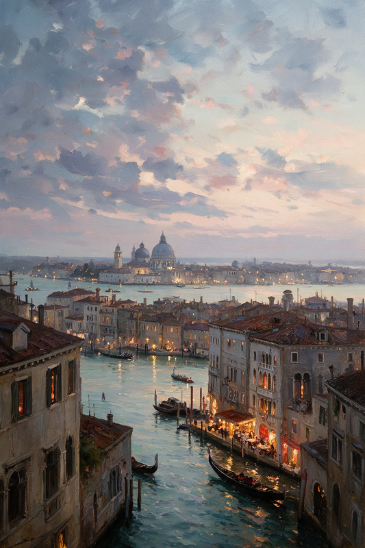 a picturesque view of the Grand Canal in Venice, Italy, with the city's iconic domes and buildings illuminated at night. The sky is filled with clouds, creating a dramatic backdrop for the scene. The calm waters of the canal reflect the lights from the surrounding structures, adding to the overall beauty of the scene.