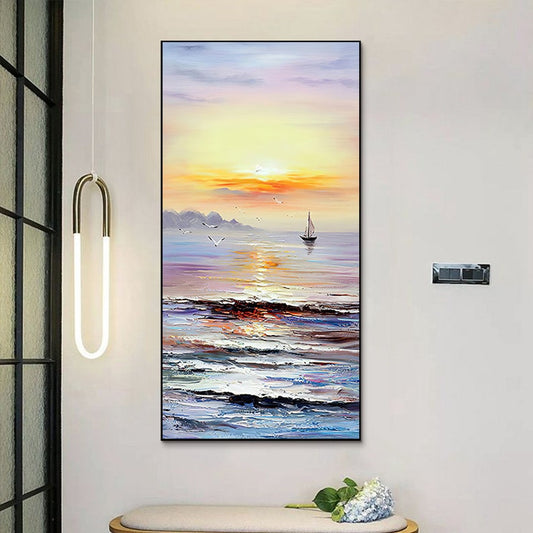 a painting of a sunset over the ocean