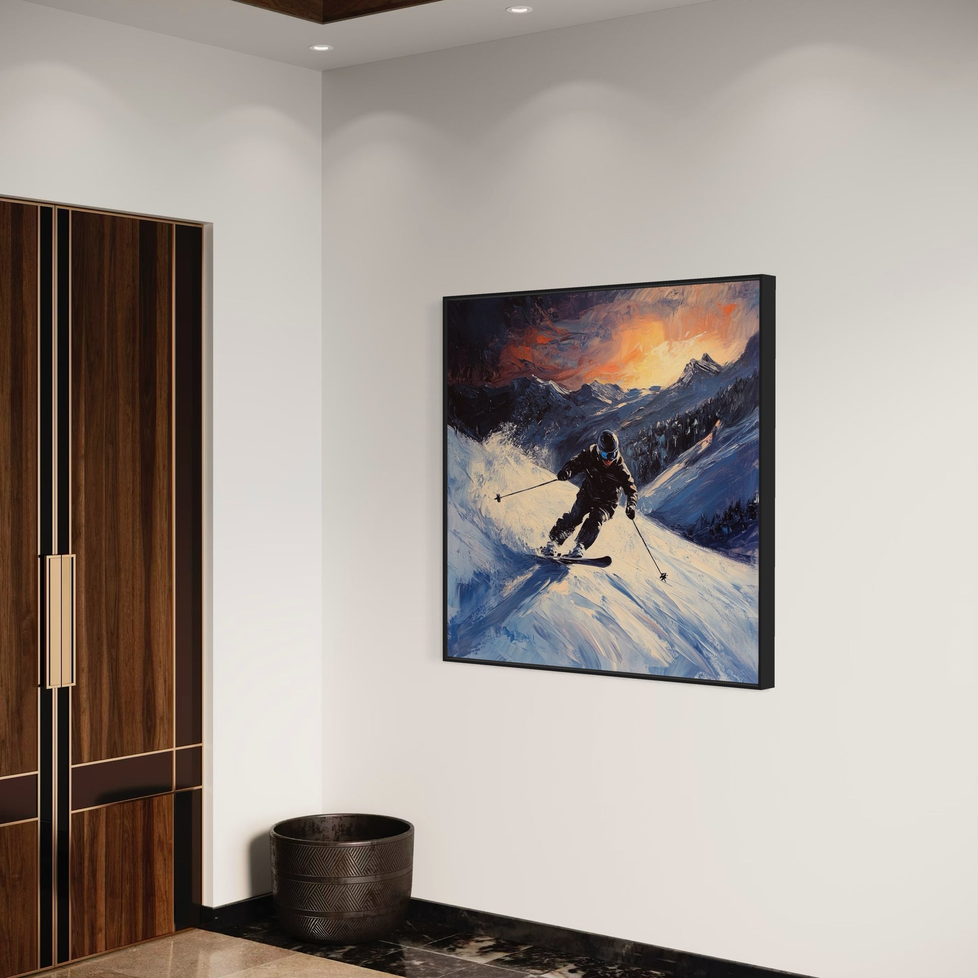 a painting of a skier on a snowy mountain