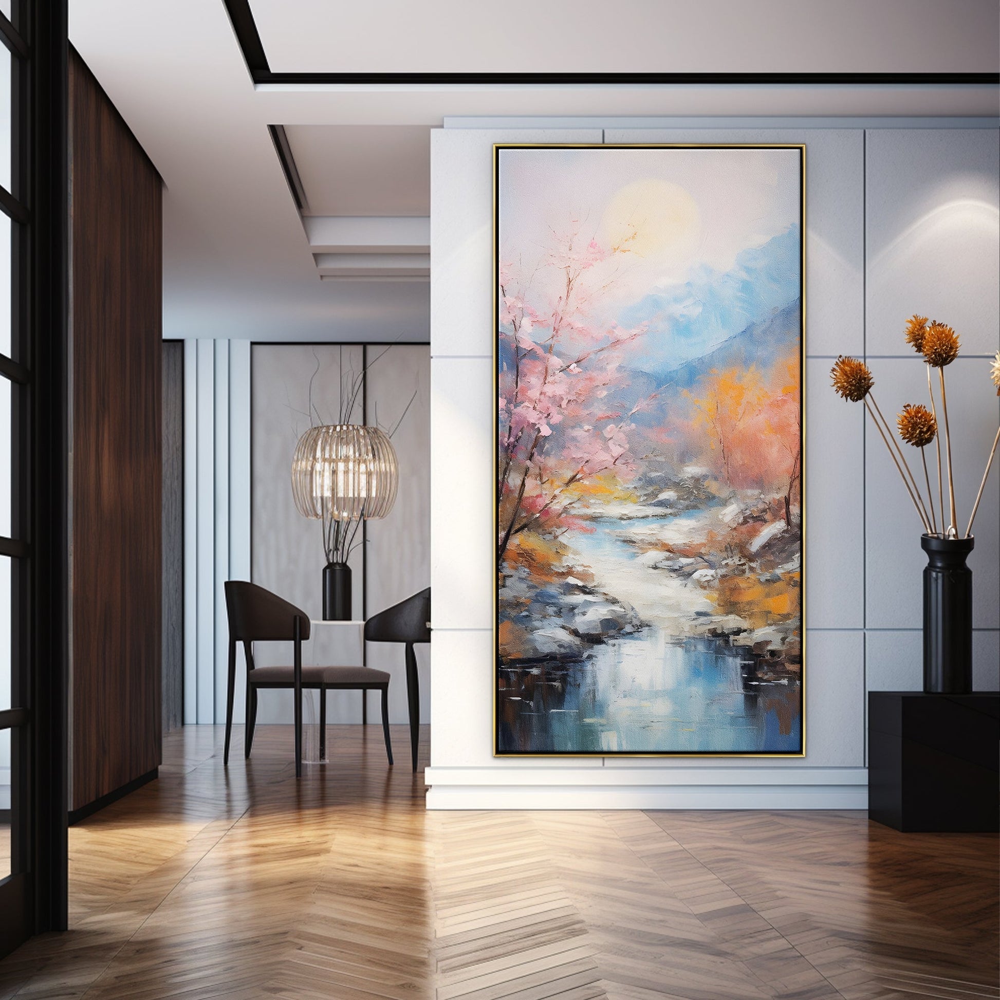 a painting hanging on a wall in a room