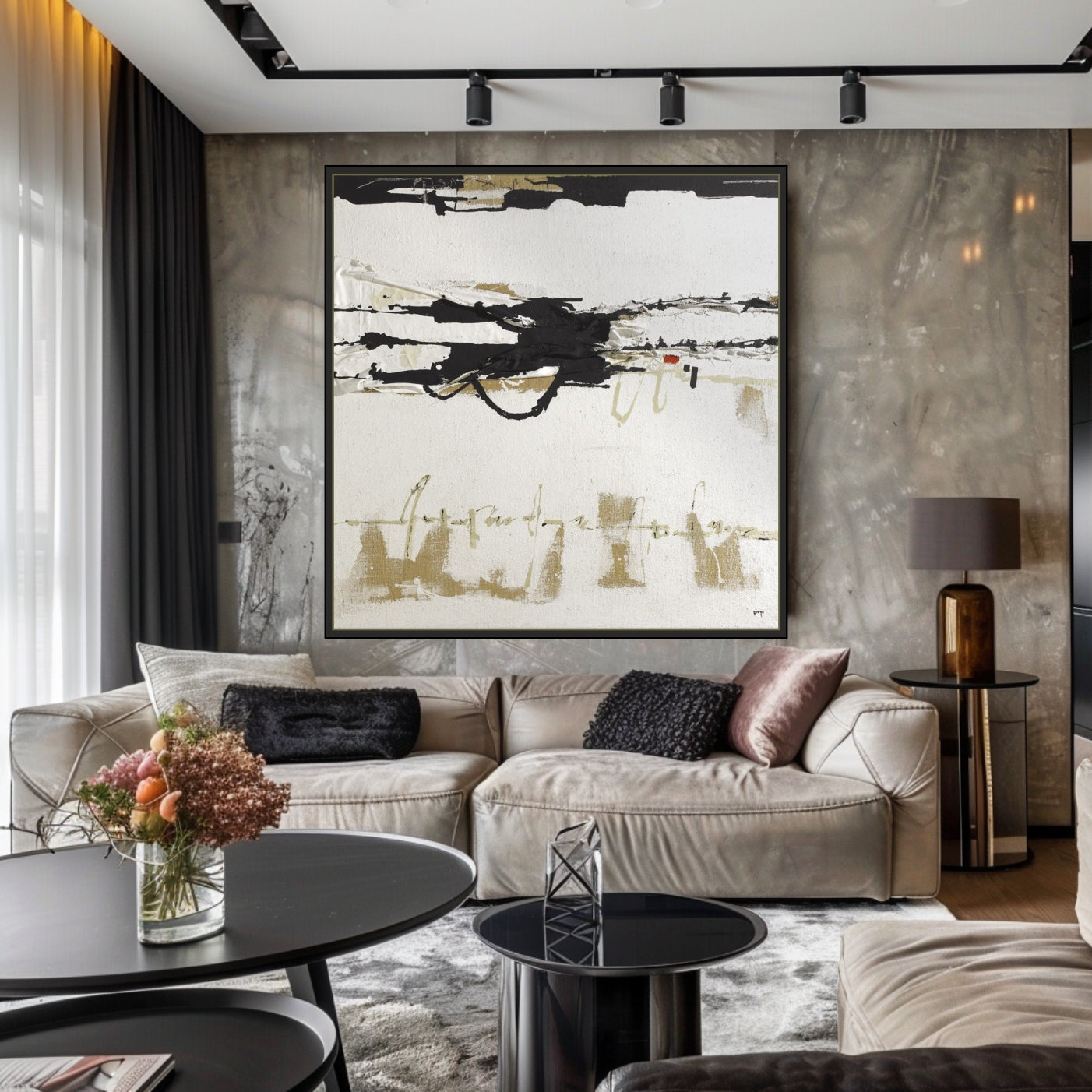 a living room filled with furniture and a painting on the wall