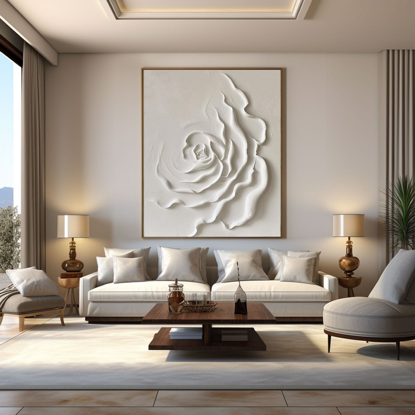 a modern living room with a large white floral artwork on the wall, a white sofa, a wooden coffee table, and two lamps on side tables.
