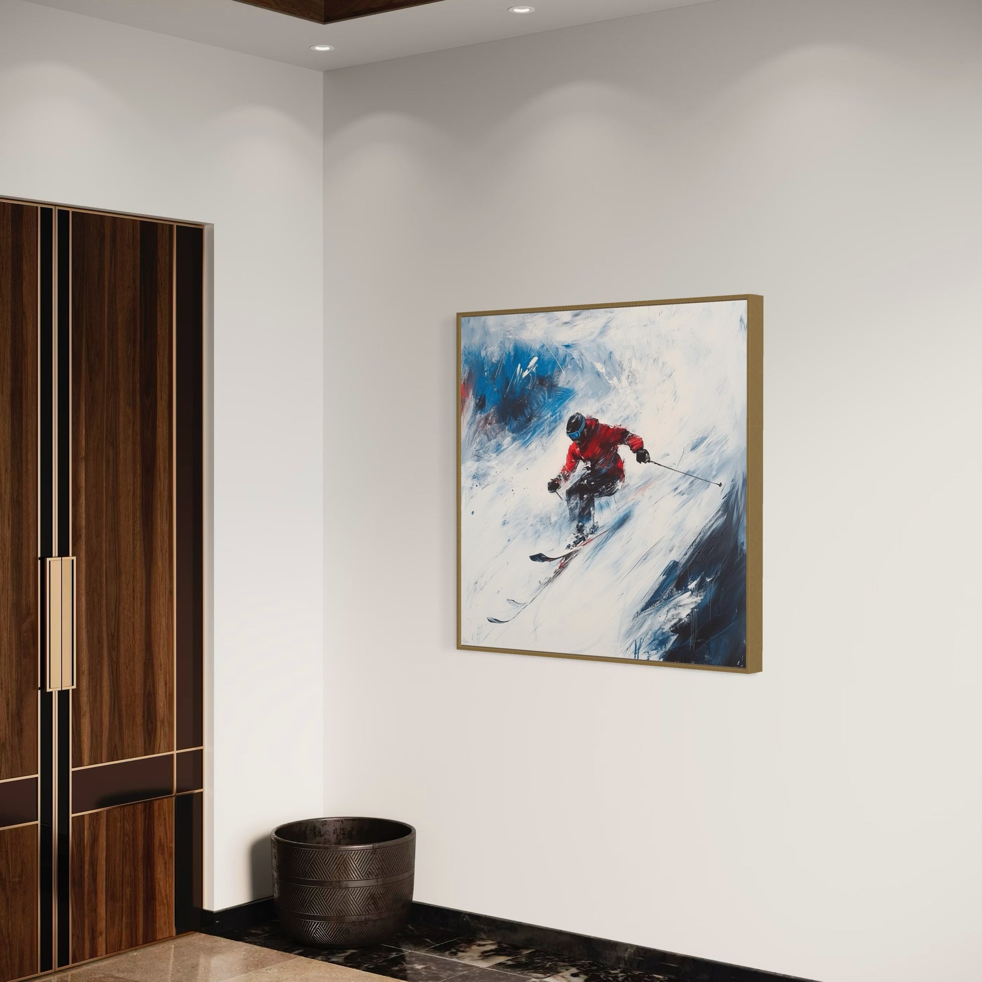 a painting of a skier on a white wall