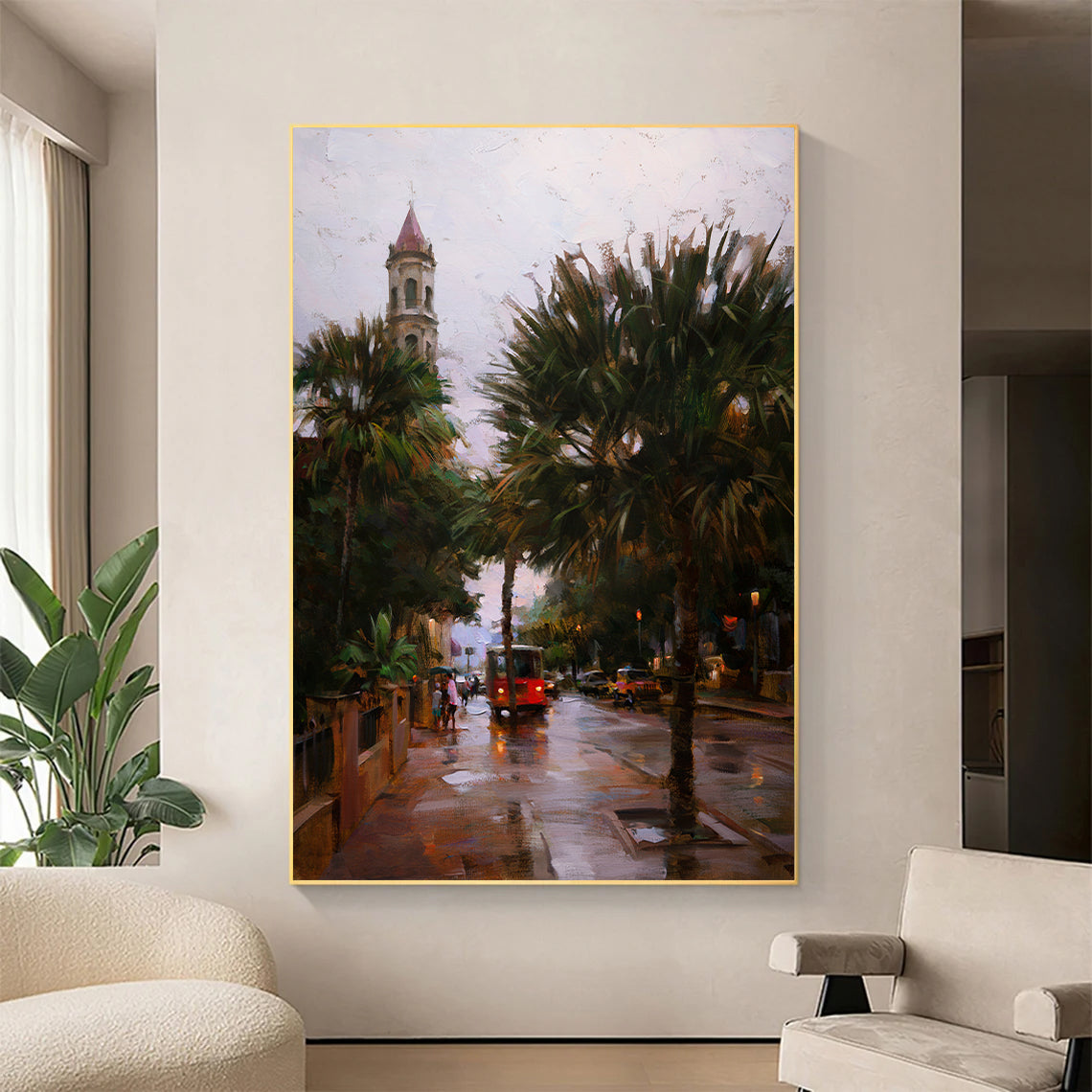 a painting of a city street with palm trees