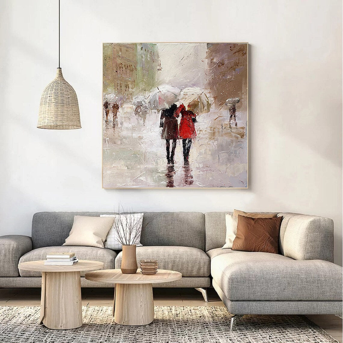 a painting of two people walking in the rain