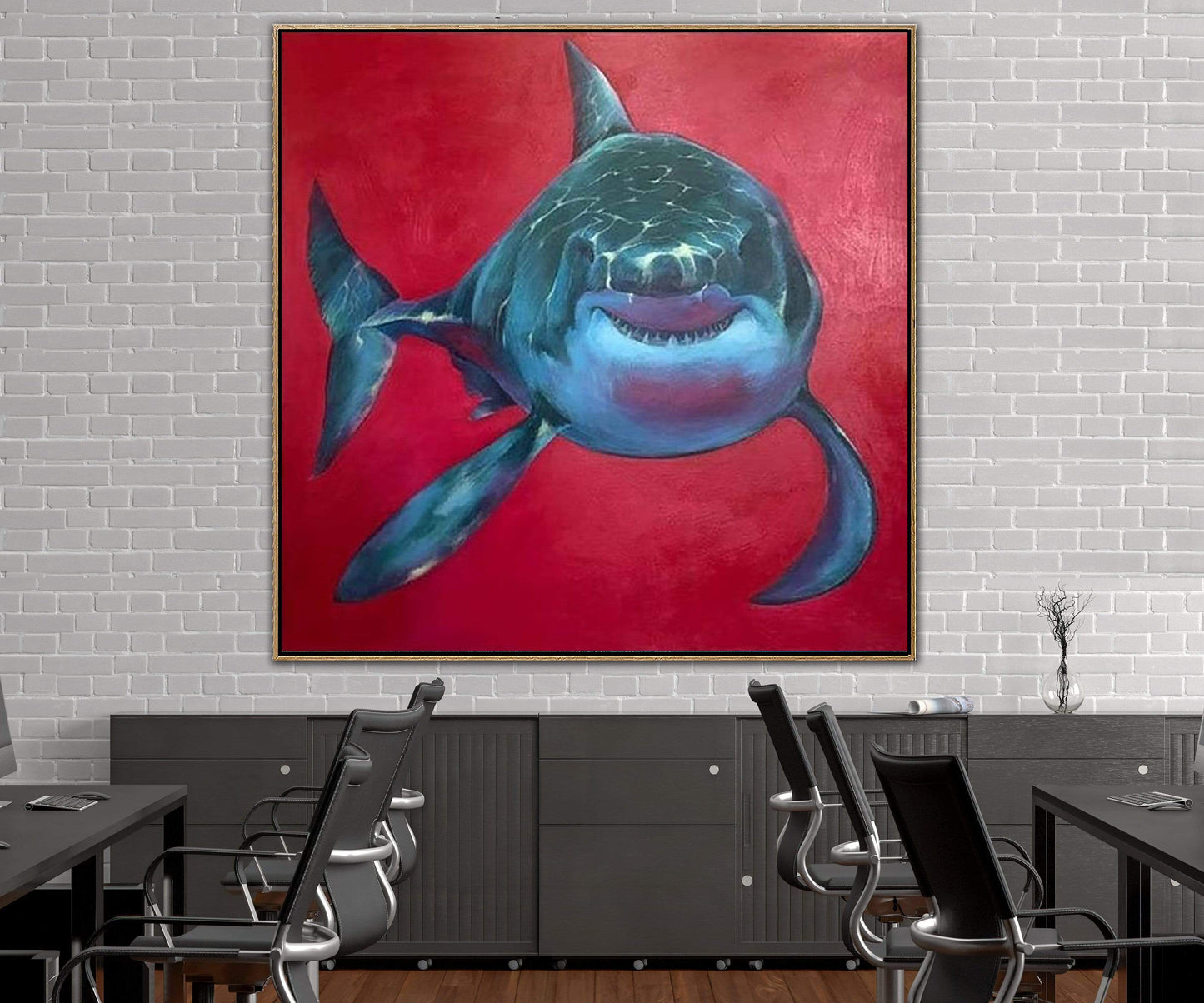 a painting of a shark on a red background