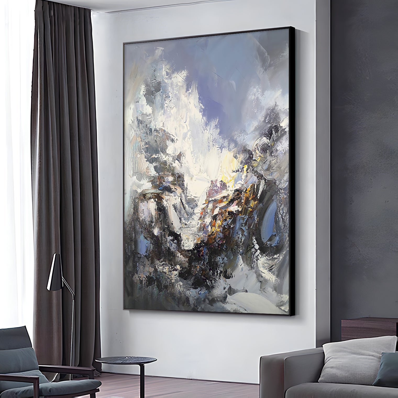 a painting hanging on a wall in a living room