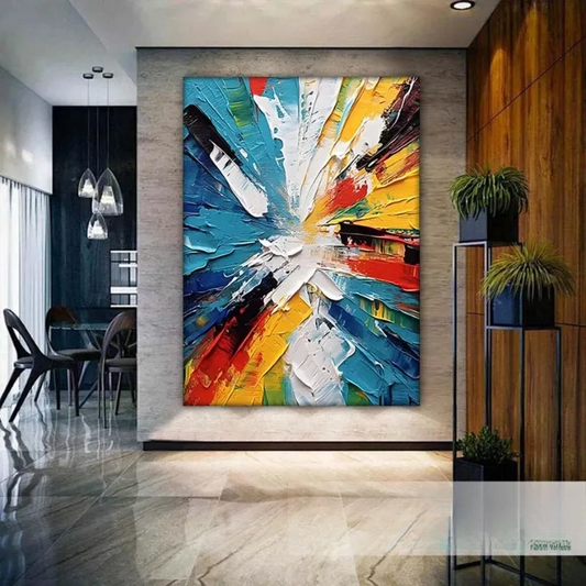 a modern art piece with a vibrant, abstract design on a wall, surrounded by a dining area with chairs and potted plants.