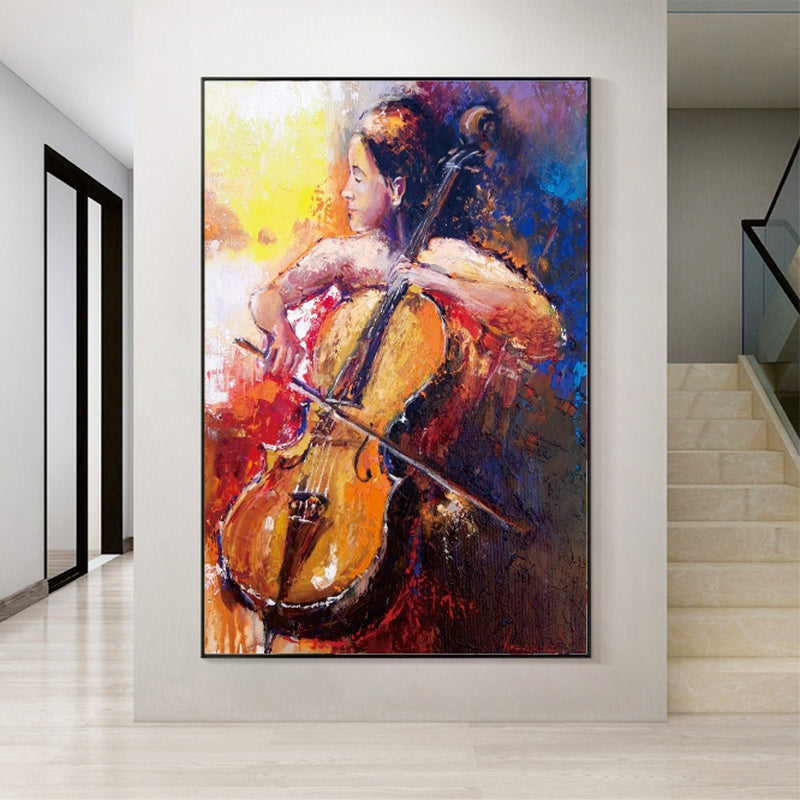 a painting of a woman playing a cello