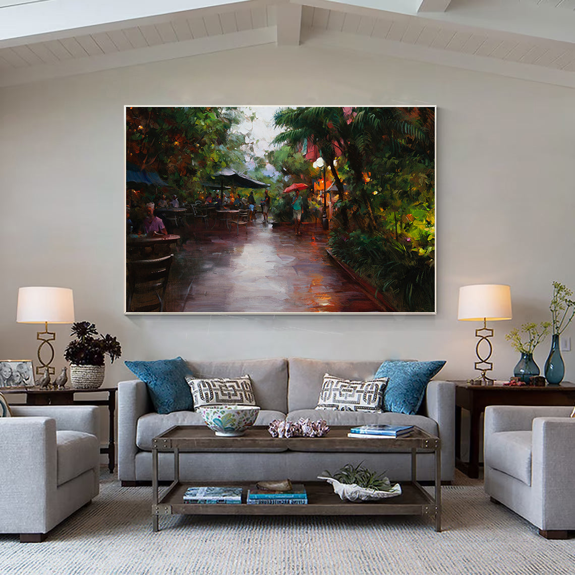 a living room filled with furniture and a painting on the wall