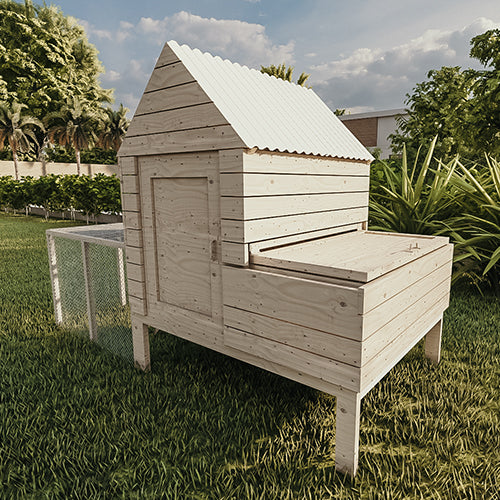 a chicken coop in the middle of a grassy field