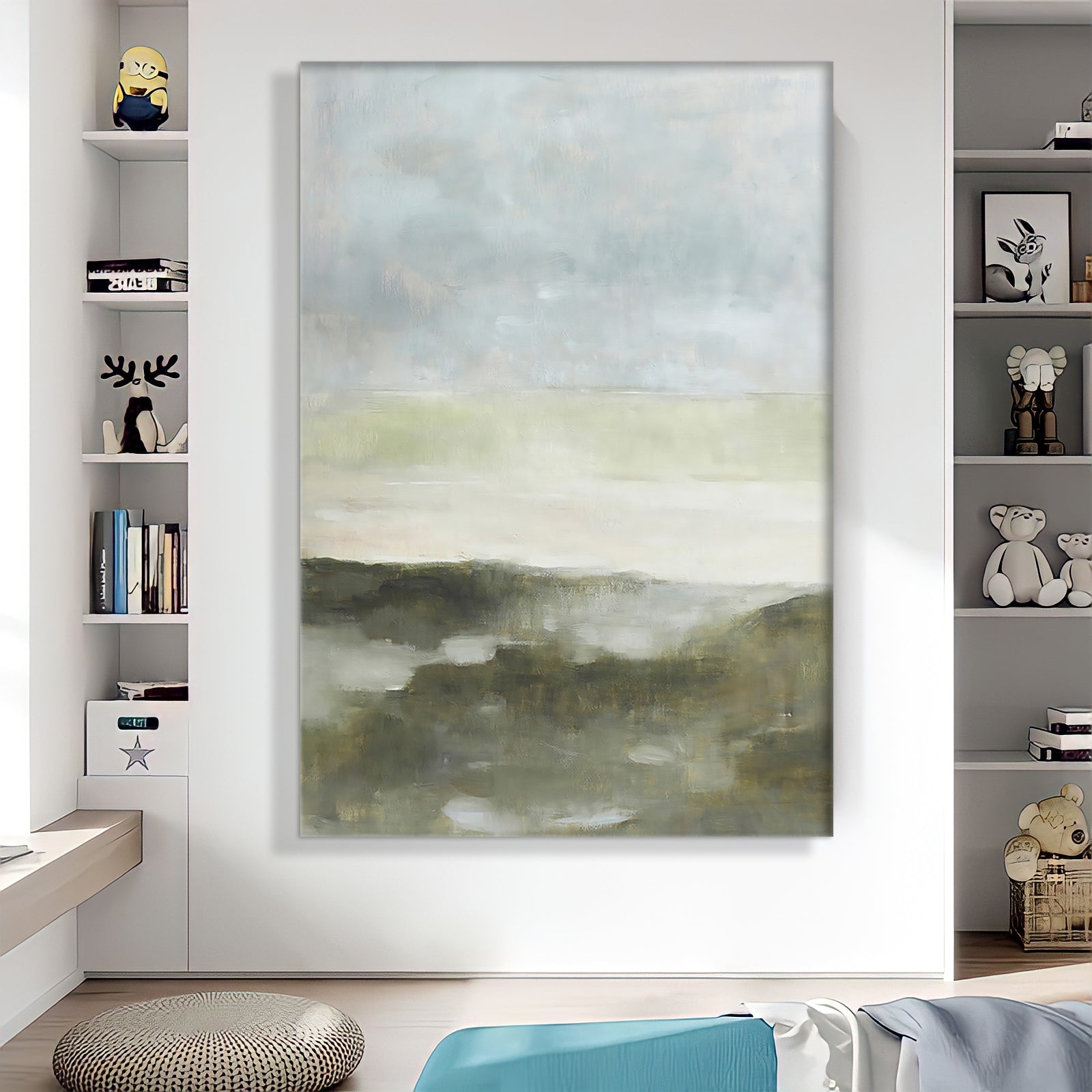 a painting hanging on a wall in a living room