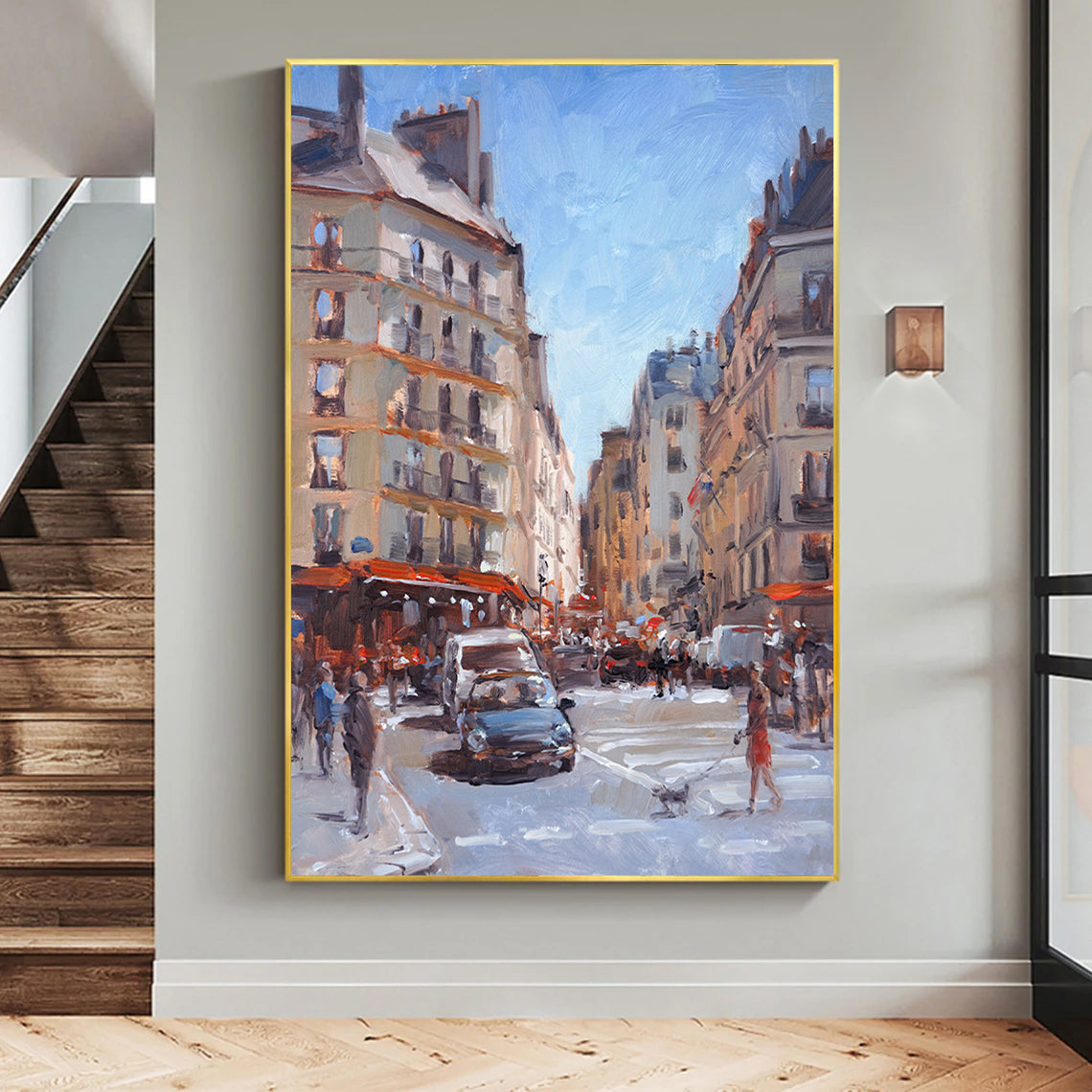 a painting of a busy city street in winter