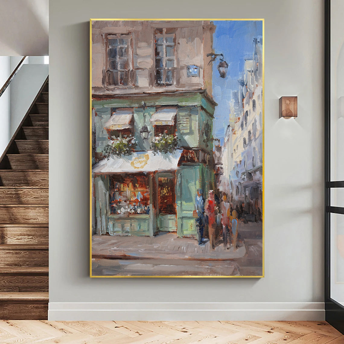 a painting of people walking in front of a store