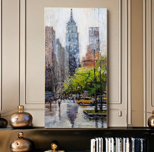 a painting of a city street in the rain