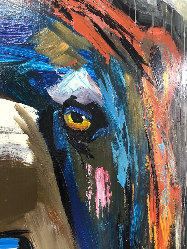 a close up of a painting of a cow