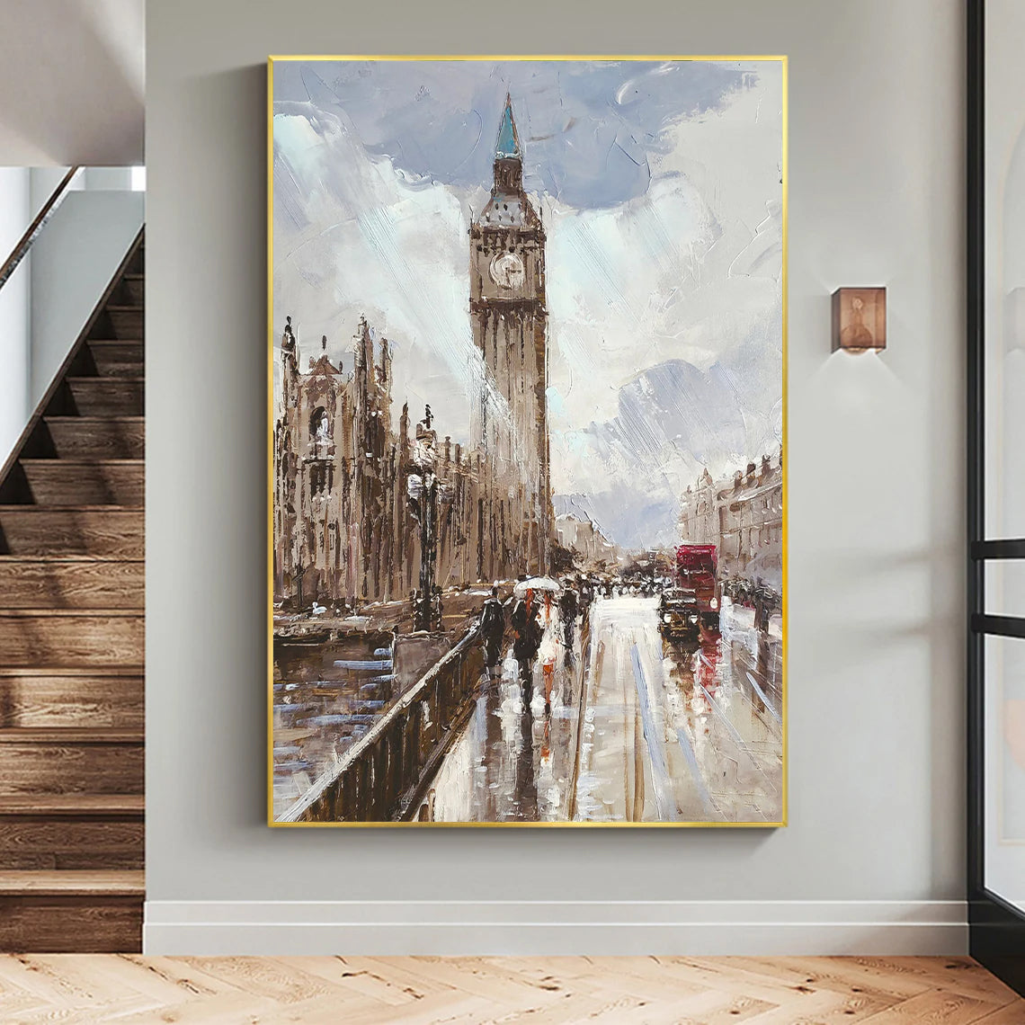 a painting of a city street with a clock tower in the background