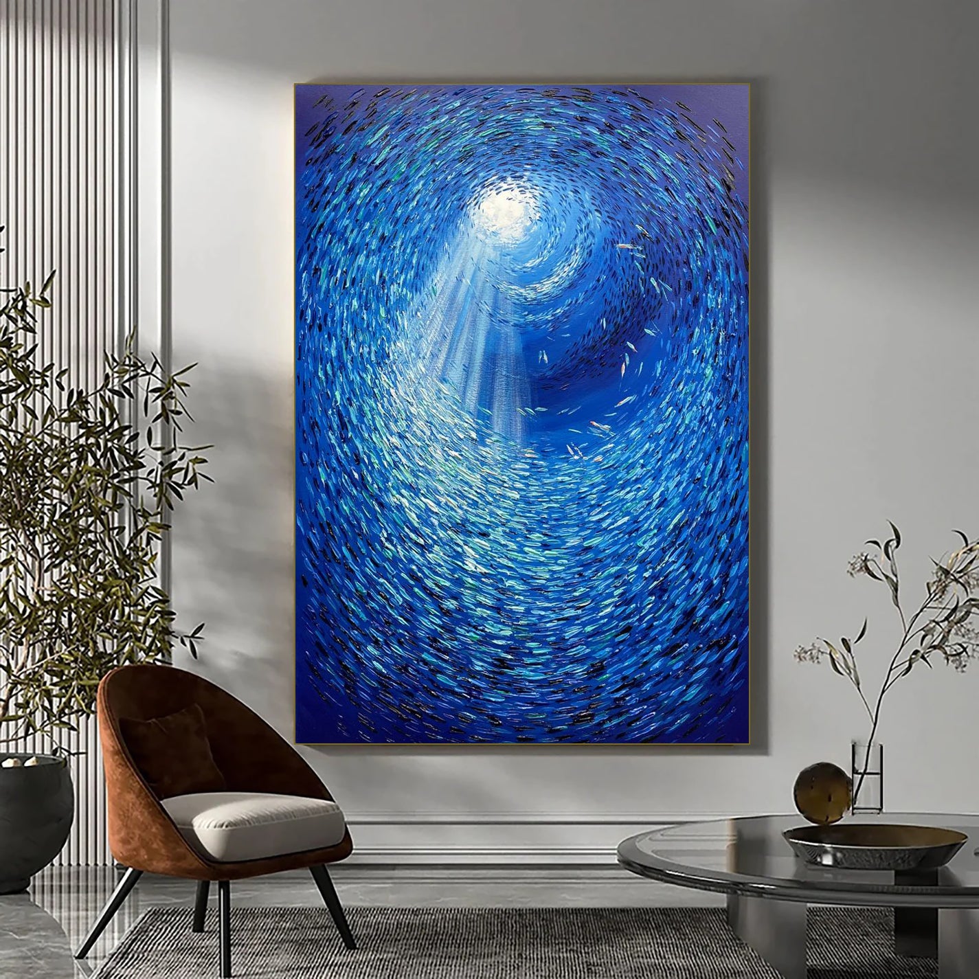 a painting of a school of fish in a blue ocean