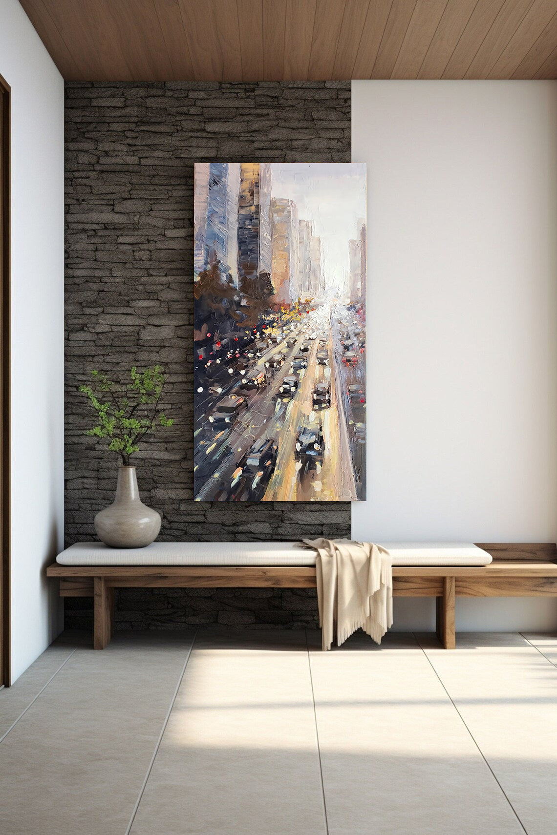 a painting of a city street with cars on the road