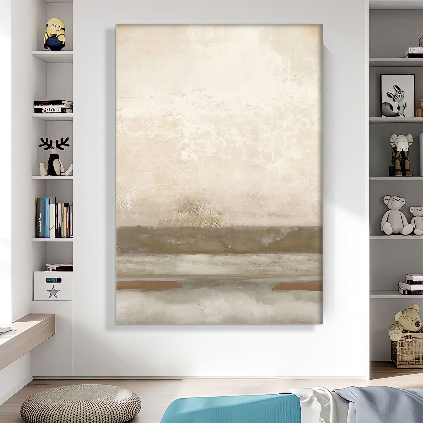 a painting hanging on a wall in a living room