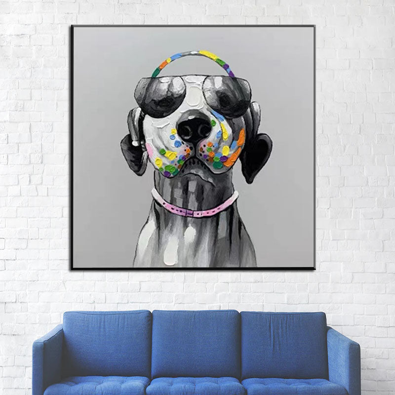 a painting of a dog wearing sunglasses and a headband