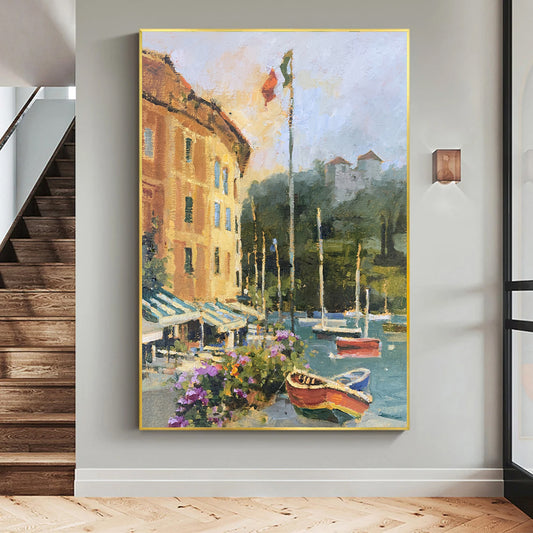 a painting hanging on a wall next to a stair case