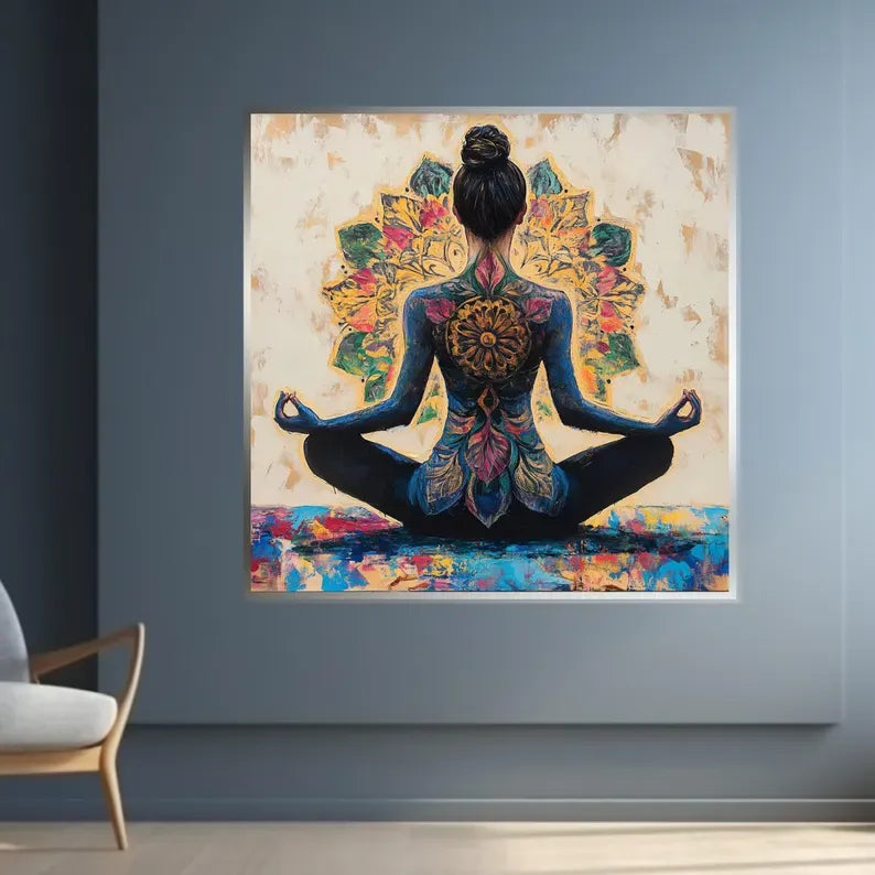a woman sitting in a meditative pose, with her back to the viewer, surrounded by a vibrant and colorful floral design.