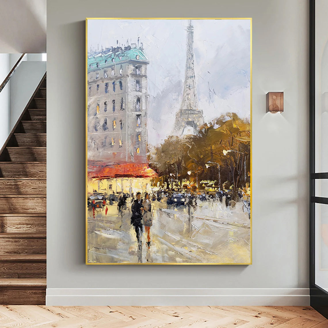 a painting of people walking in front of the eiffel tower