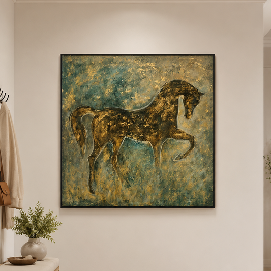a large painting of a horse on a wall.