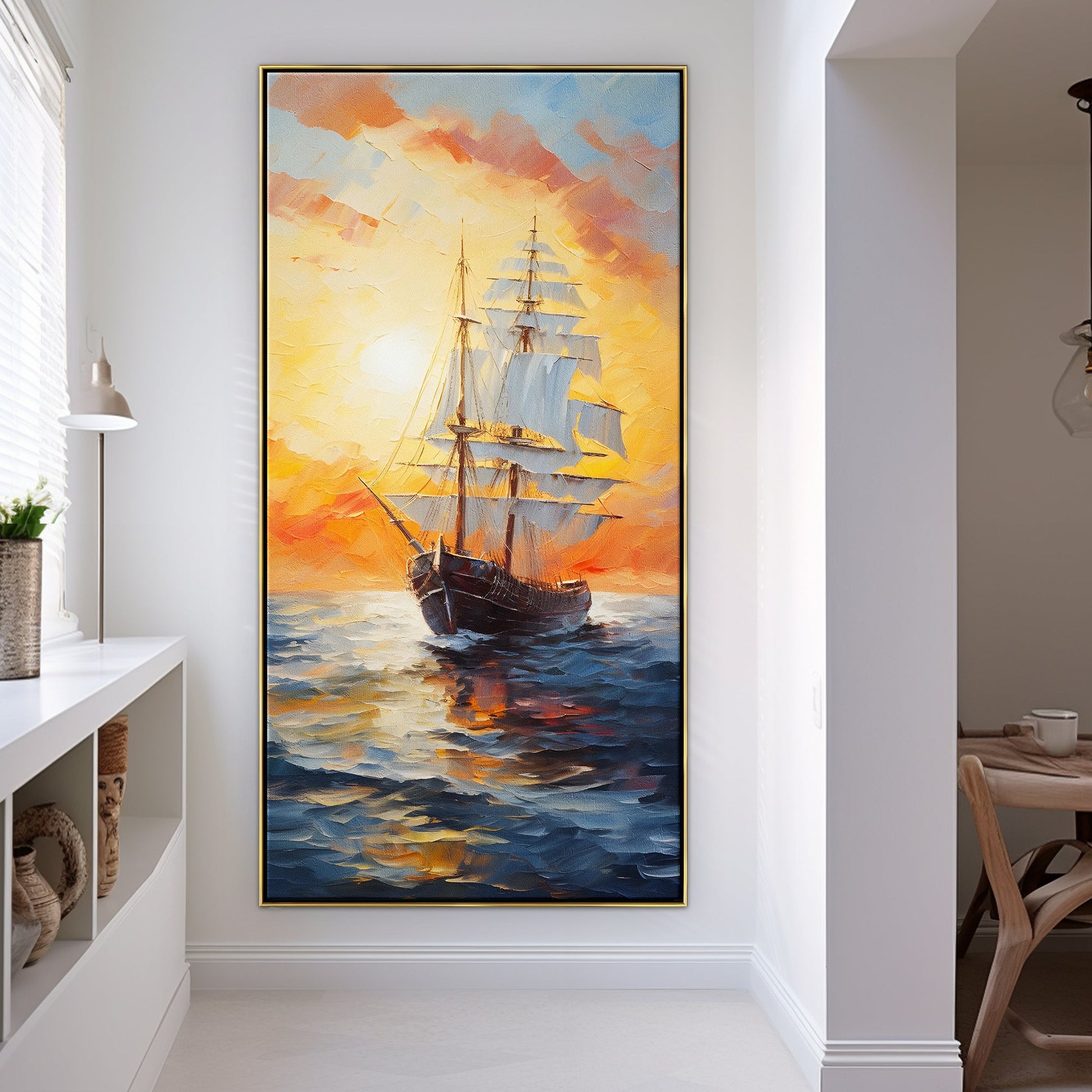 a painting of a ship in the ocean