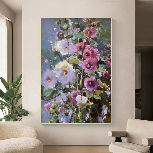 a painting of flowers in a living room