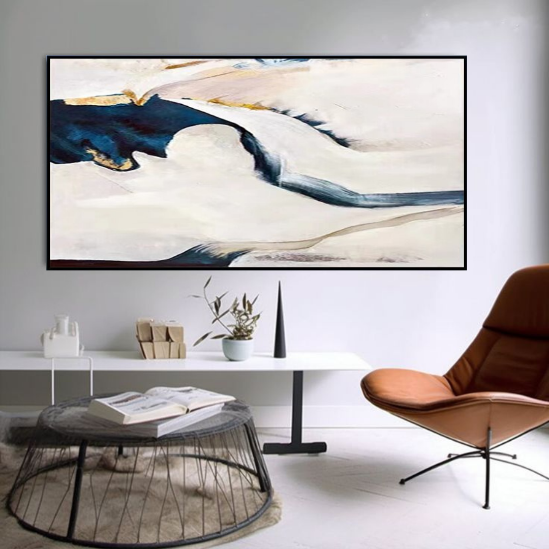 a living room with a painting on the wall