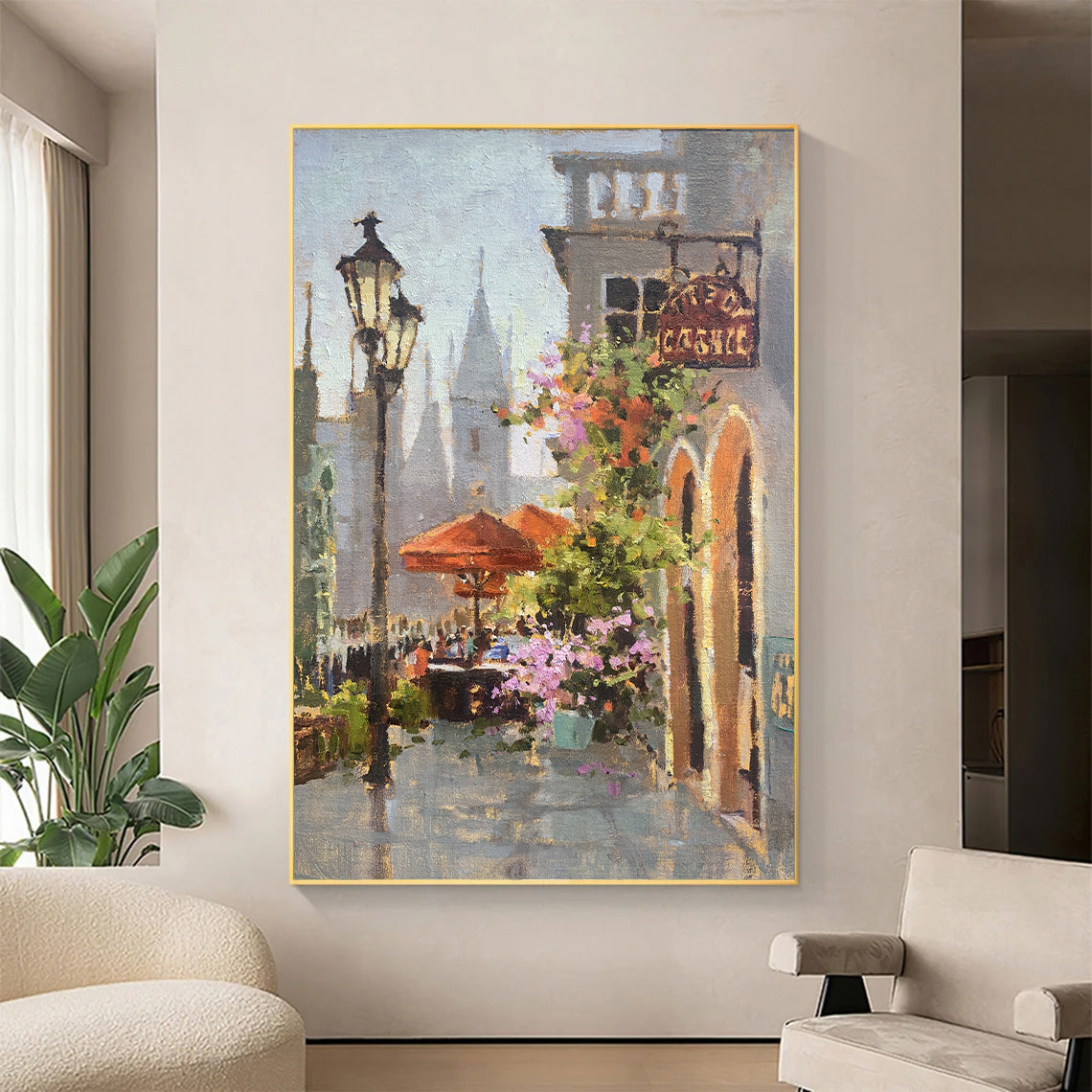 a painting of a city street with a lamp post