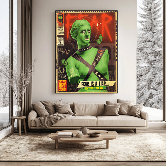 a living room with a couch and a painting on the wall