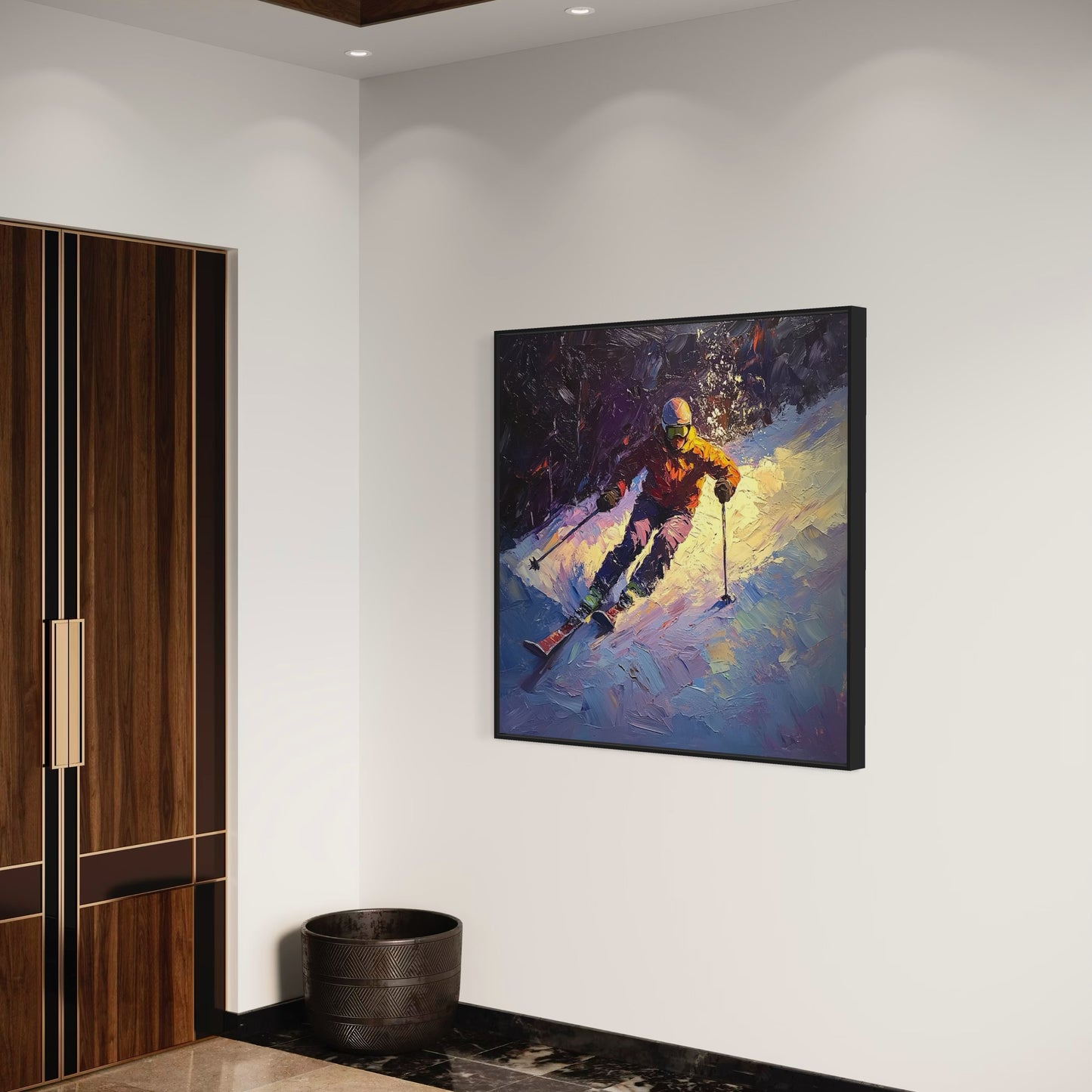 a painting of a skier on a white wall