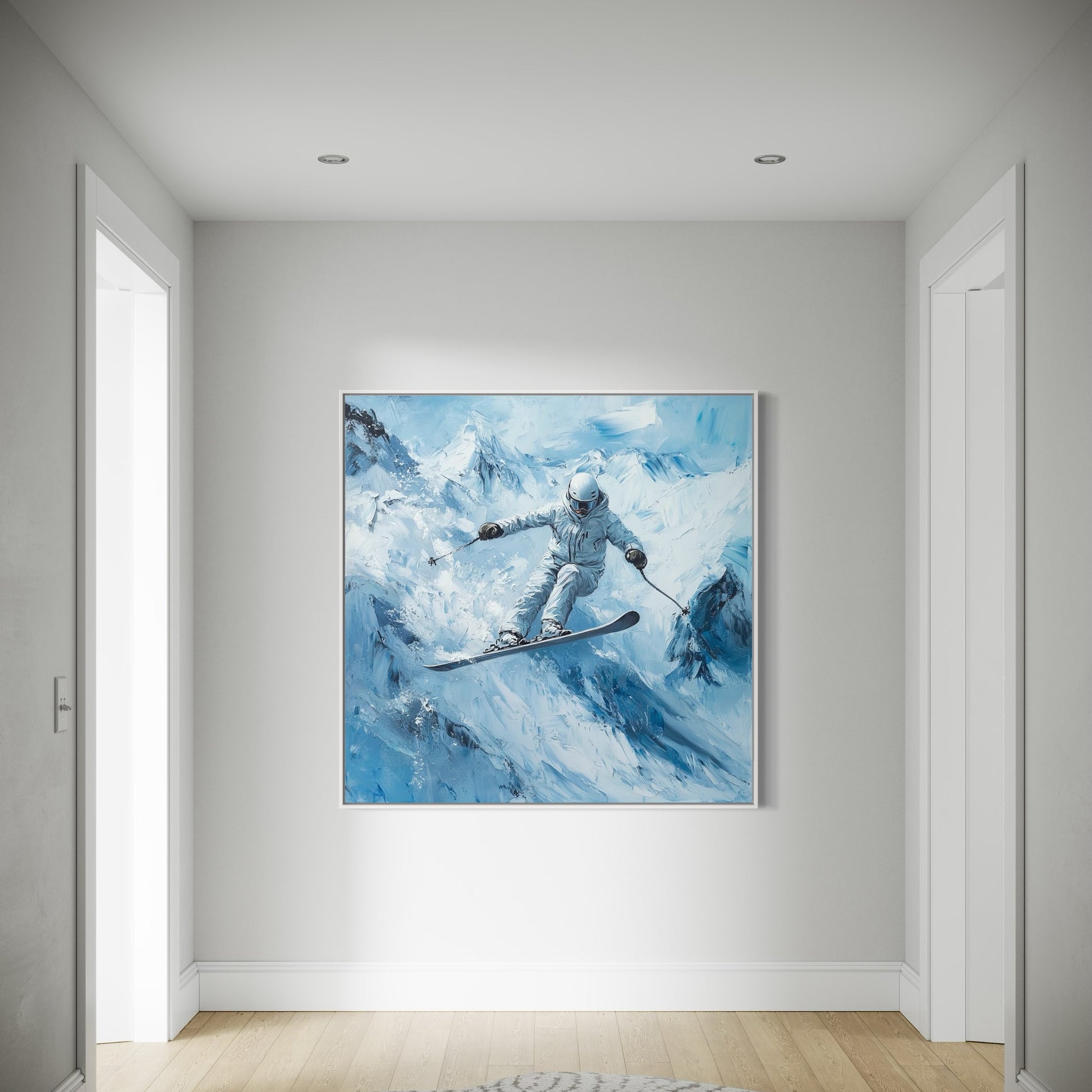 a painting of a person skiing on a mountain