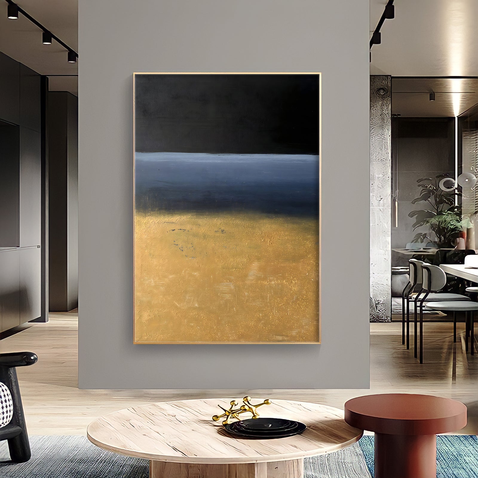 a painting hanging on a wall in a living room